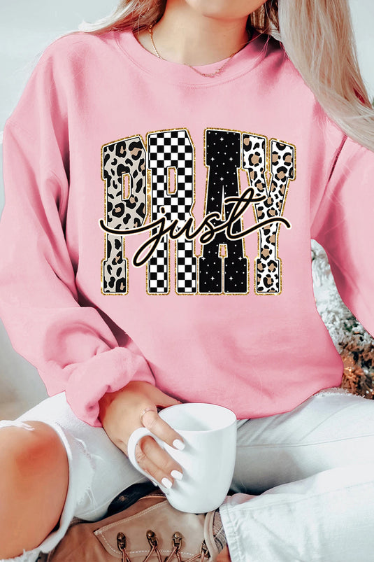 DLLS999 - Ladies Pink Just PRAY Unique Letter Graphic Round Neck Pullover Sweatshirt