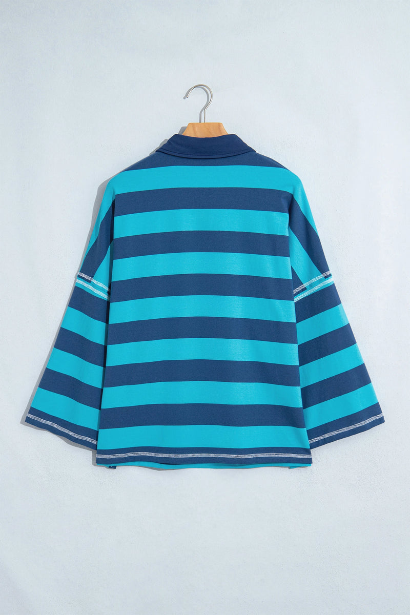 Load image into Gallery viewer, DLLS1152 - Ladies Blue Stripe Contrast Polo Collar Bracelet Sleeve Loose Top
