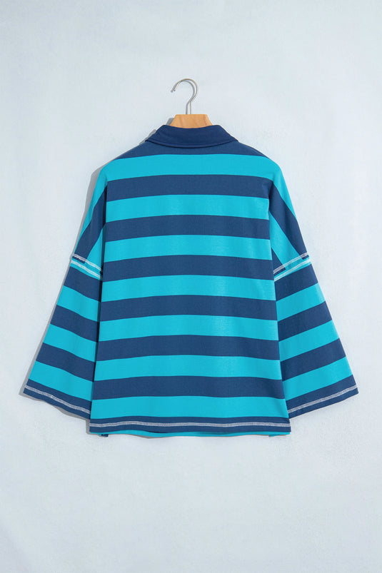 DLLS1152 - Ladies Blue Stripe Contrast Polo Collar Bracelet Sleeve Loose Top