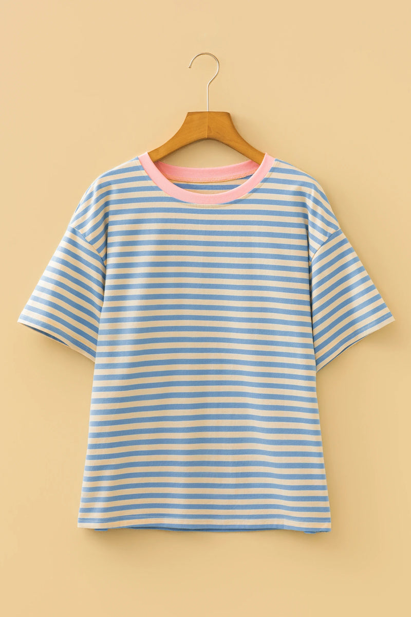 Load image into Gallery viewer, DLLS468 - Ladies Sky Blue Stripe Contrast Crew Neck Drop Shoulder Loose Tee
