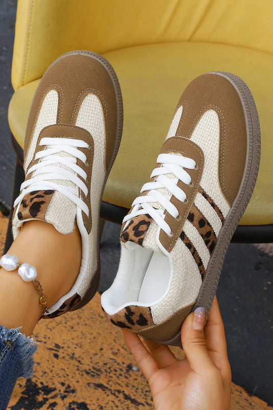 DLLSHOE 47 - Coffee Color Block Leopard Patchwork Lace-Up Flat Shoes
