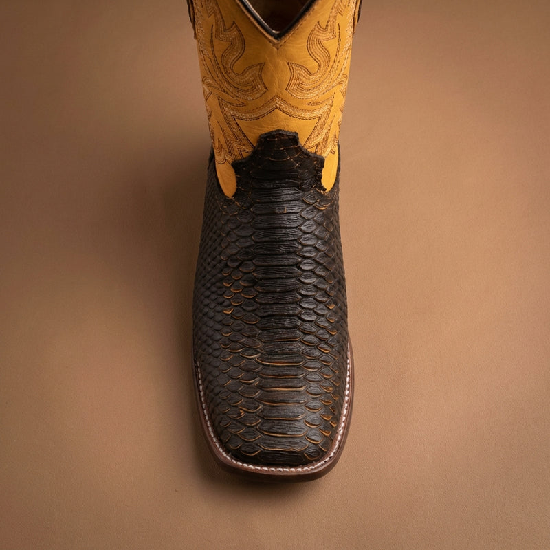 Load image into Gallery viewer, CP5007 - Cowboy Prayer Black Python Print w/Yellow Underlay Western Boot
