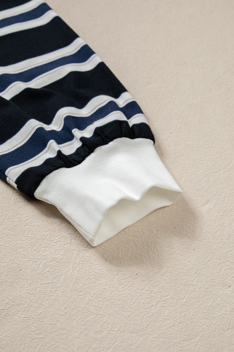 Load image into Gallery viewer, DLLS968 - Ladies Blue Stripe Ribbed Color Block Trim Round Neck Dropped Shoulder Sweatshirt
