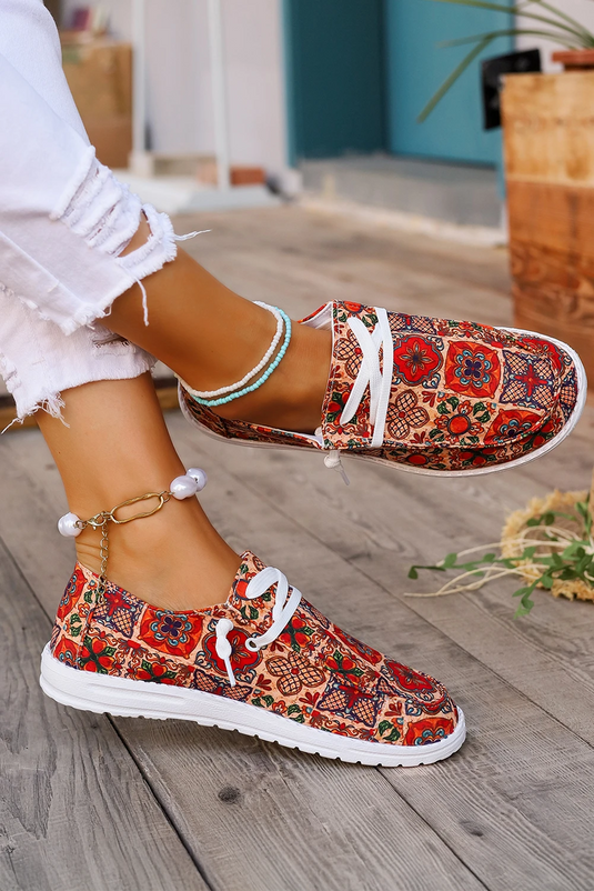 DLLSHOE 190 - Fiery Red Western Printed Lacing Flat Slip On Shoes