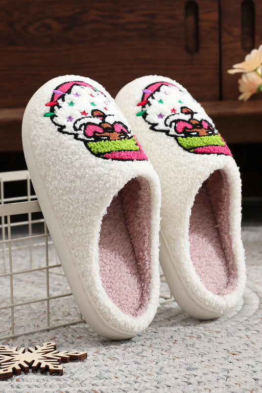 DLLSHOE 130 - White Starry Santa Claus Pattern Christmas Plush Slippers