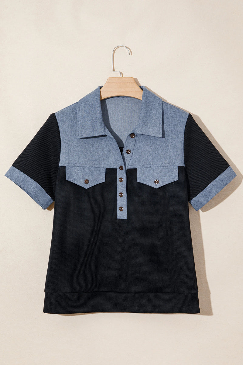 Load image into Gallery viewer, DLLS942 - Ladies Black Waffle Knit Denim Color Block Patchwork Button Flap Polo Top
