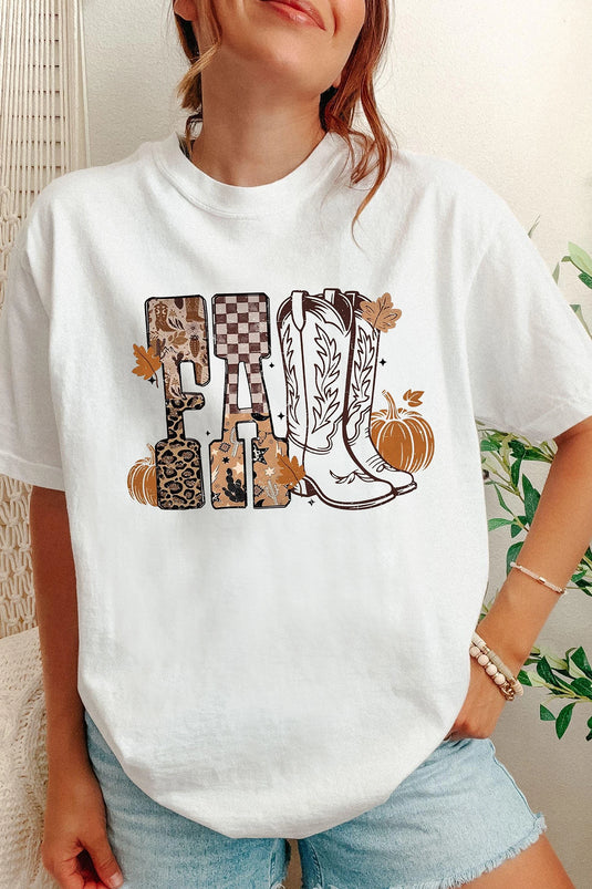 DLLS788 - Ladies White FALL Letter Print Western Thanksgiving Graphic T-Shirt