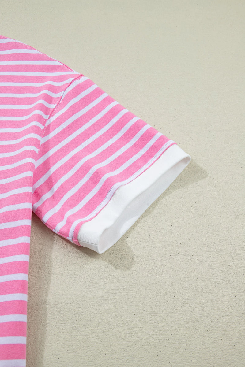 Load image into Gallery viewer, DLLS524 - Ladies Pink Stripe Round Neck Drop Shoulder Short Sleeve Loose Top
