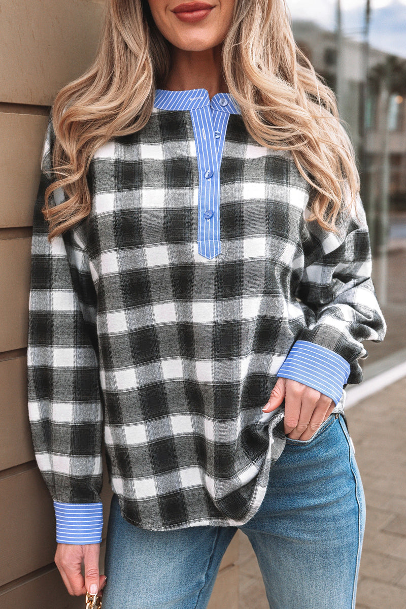 Load image into Gallery viewer, DLLS297 - Ladies Black Contrast Striped Edge Half Placket Plaid Blouse
