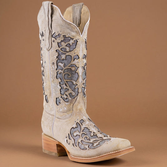 2810 - RockinLeather Women's Iser White Square Toe Western Boot w/ Silver Inlays