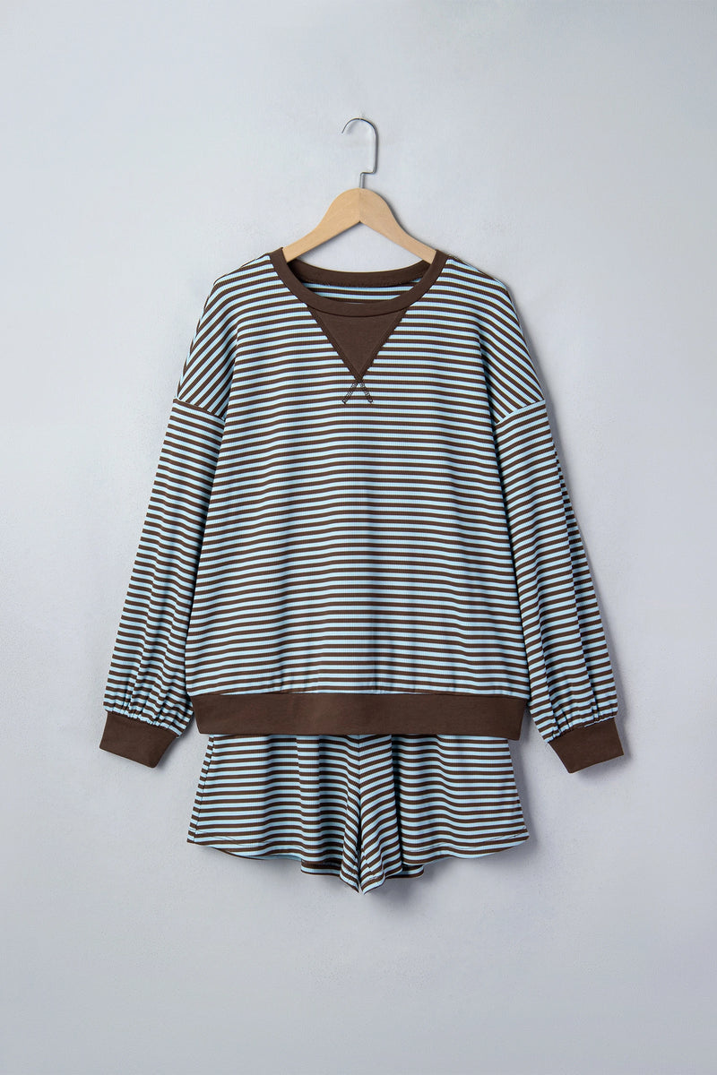 Load image into Gallery viewer, DLLS1083 - Ladies Brown Stripe Oversized Long Sleeve Top Drawstring Loose Shorts 2pcs Set
