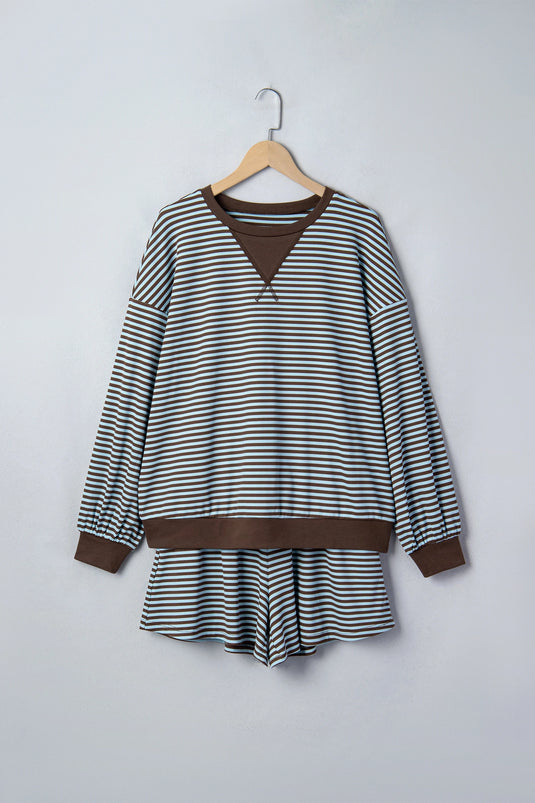 DLLS1083 - Ladies Brown Stripe Oversized Long Sleeve Top Drawstring Loose Shorts 2pcs Set