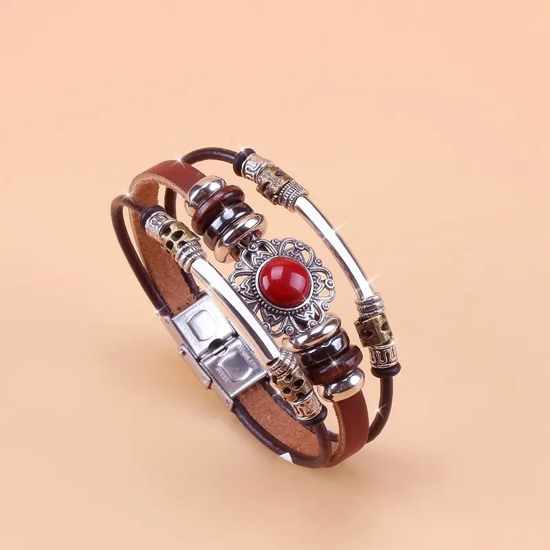 Load image into Gallery viewer, TMBC27 - Beaded PU Leather Bracelet w/Red Mosaic Stone
