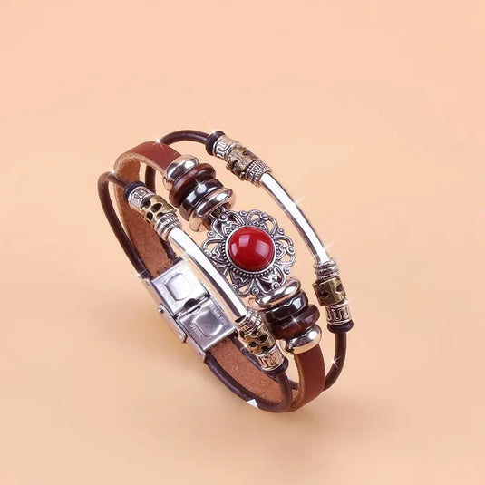 TMBC27 - Beaded PU Leather Bracelet w/Red Mosaic Stone