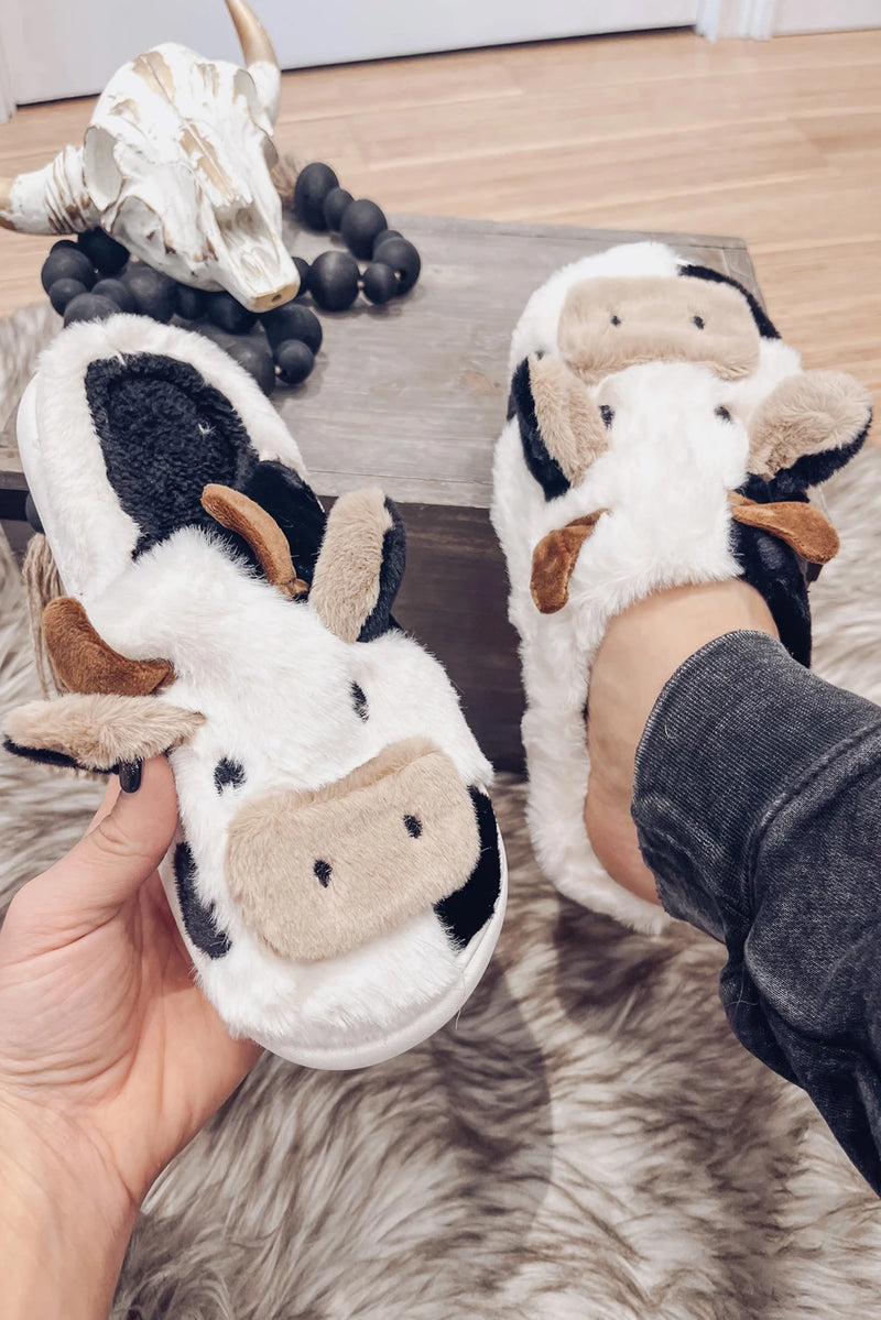 Load image into Gallery viewer, DLLSHOE 127 - White Cartoon Animal Cow Plush Slippers

