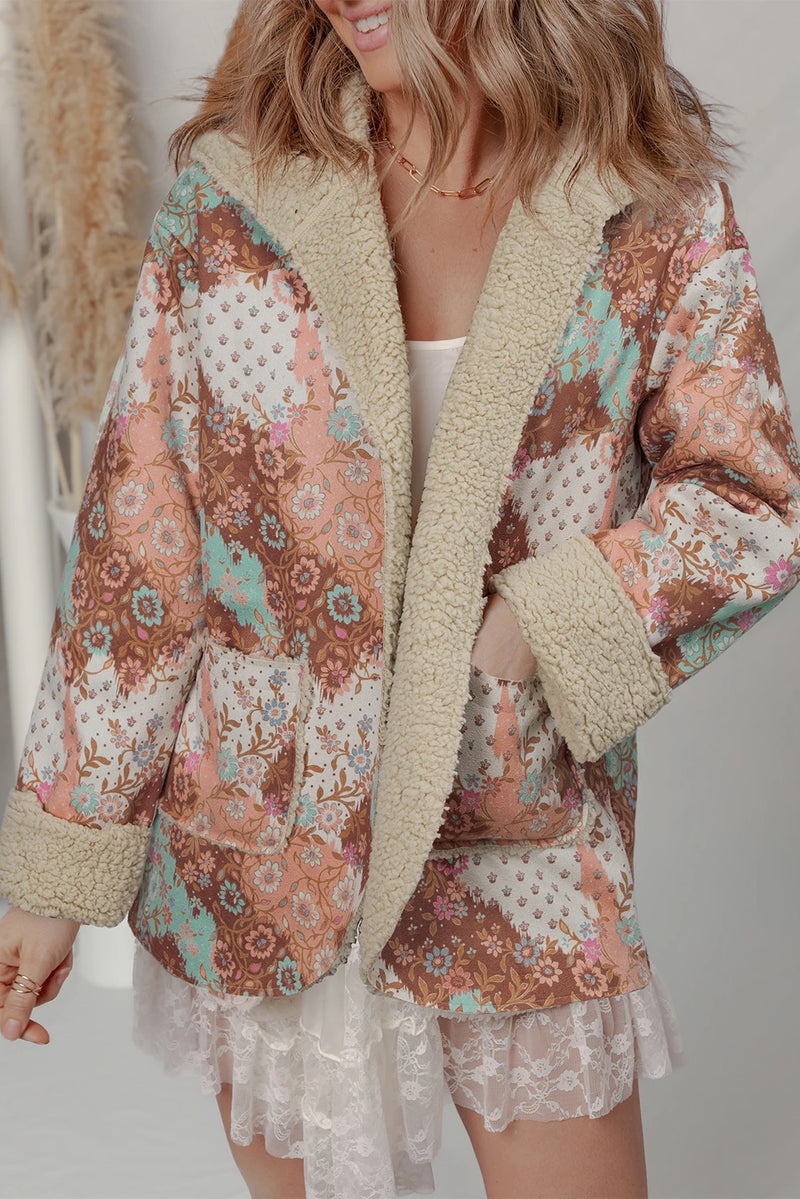 Load image into Gallery viewer, DLLS166 - Ladies Khaki Vintage Floral Printed Sherpa Lined Hooded Jacket
