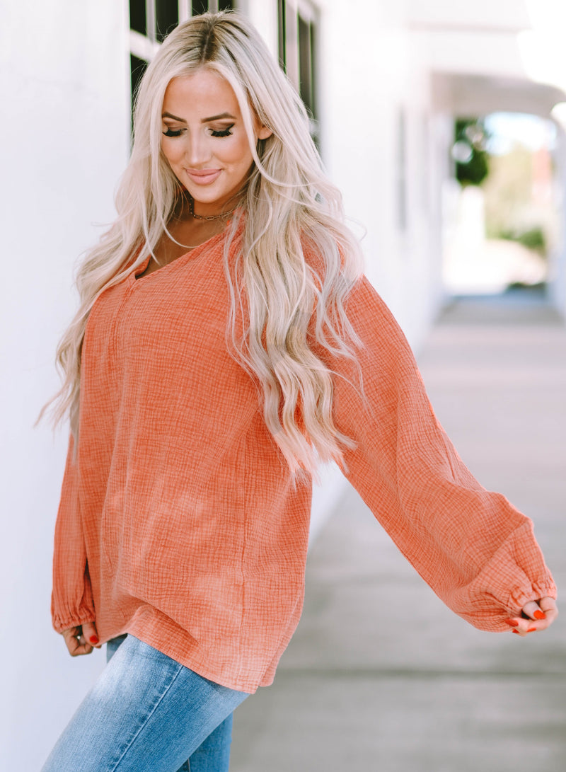 Load image into Gallery viewer, DLLS106 - Ladies Orange Crinkle Textured Frill Split Neck Puff Sleeve Blouse
