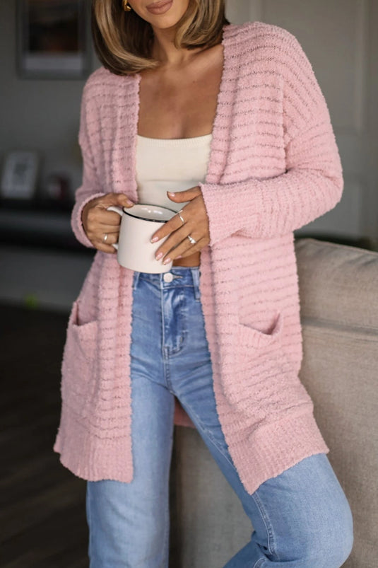 DLLS857 - Ladies Light Pink Open Front Soft Fuzzy Ribbed Sweater Cardigan