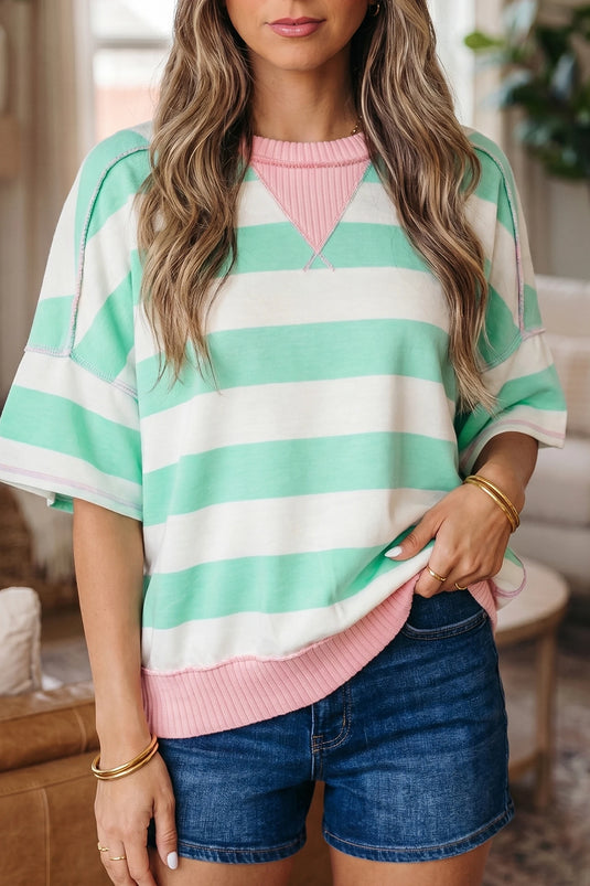 DLLS715 - Ladies Green Stripe Exposed Seam Ribbed Patchwork Oversized Tee