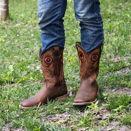 PLT103615 - Palitutu Men's Brown Embroidered Full-Grain Leather Square Toe Western Boots