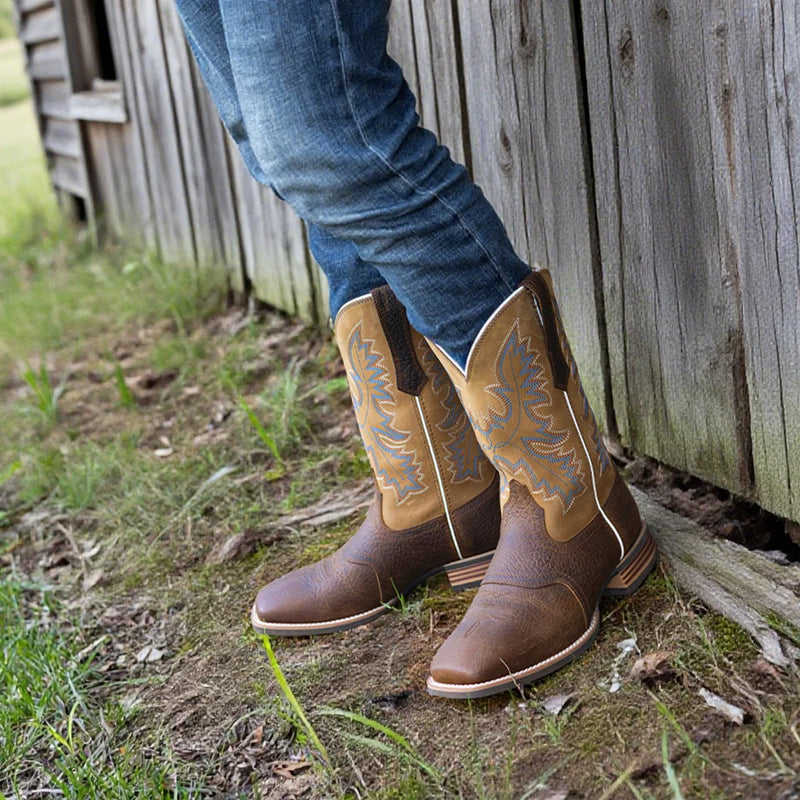 Load image into Gallery viewer, PLT103608 - Palitutu Men's Brown Embroidered Full-Grain Leather Square Toe Western Boots
