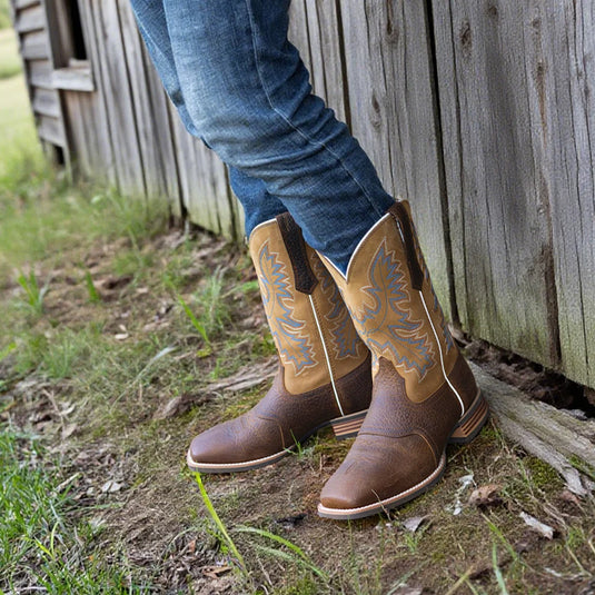 PLT103608 - Palitutu Men's Brown Embroidered Full-Grain Leather Square Toe Western Boots