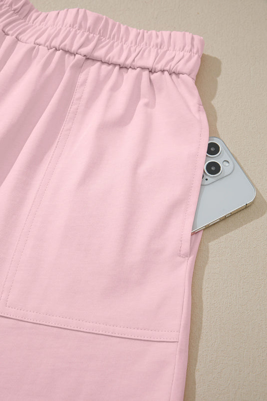 DLLS641 - Ladies Pink Stitched Detail Loose Tank Top Cotton 2pcs Short Set
