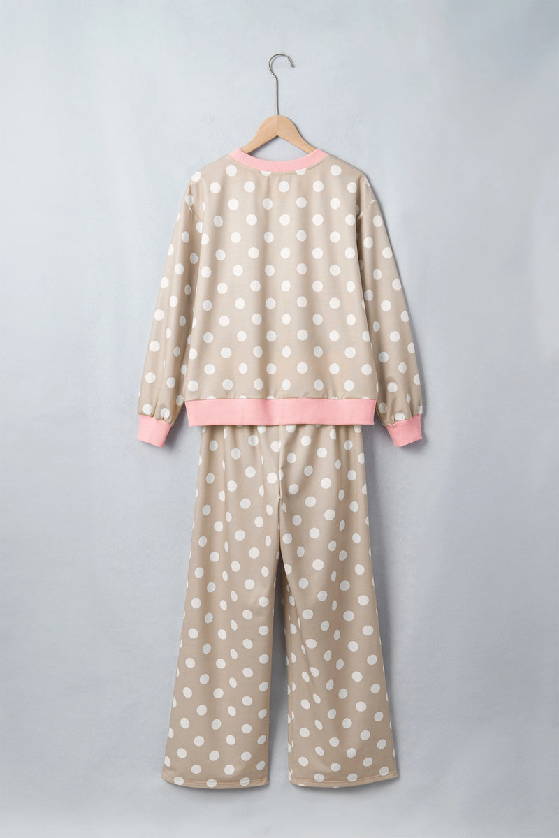 Load image into Gallery viewer, DLLS1137 - Ladies Khaki Polka Dot Long Sleeve Top Drawstring Shift Pants Set
