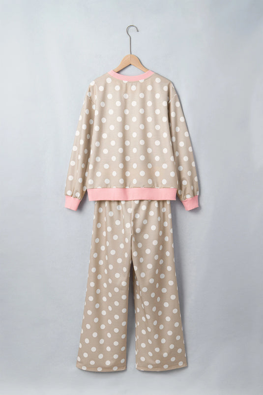 DLLS1137 - Ladies Khaki Polka Dot Long Sleeve Top Drawstring Shift Pants Set