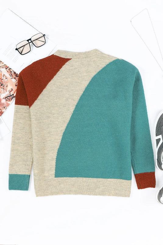 DLLS317 - Ladies Multicolor Colorblock Ribbed Trim Round Neck Sweater