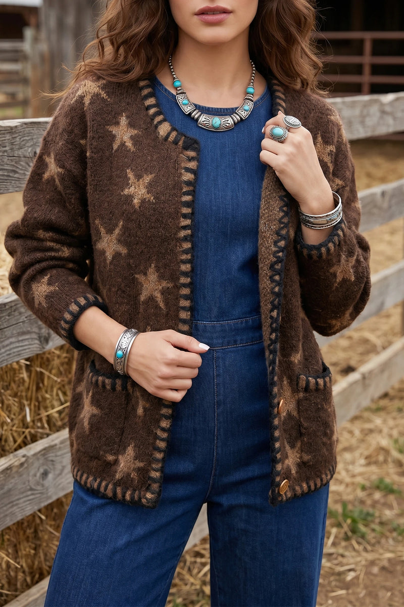 Load image into Gallery viewer, DLLS724 - Ladies Brown Stars Pattern Colorblock Long Sleeve Shift Cardigan
