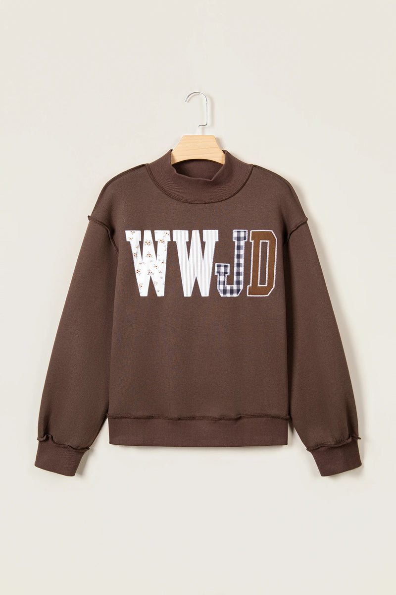 Load image into Gallery viewer, DLLS1139 - Ladies Coffee WWJD Pattern Embroidered Patch Graphic Mock Sweatshirt
