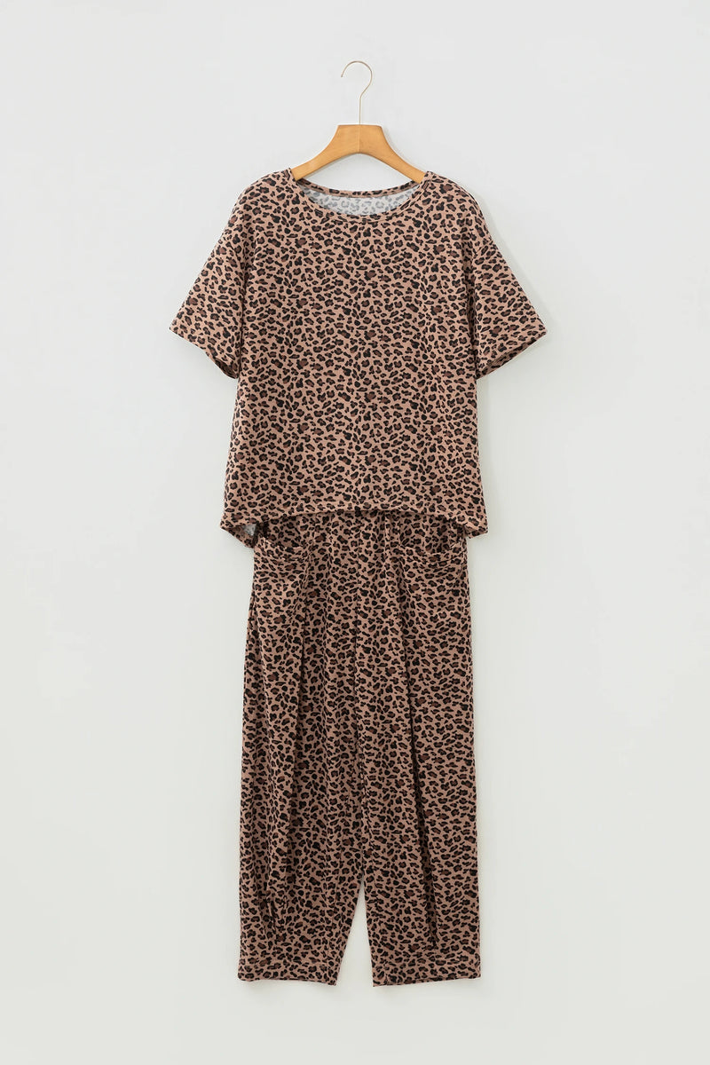 Load image into Gallery viewer, DLLS453 - Ladies Brown Leopard Loose Tee Drawstring Waist Barrel Pants Set
