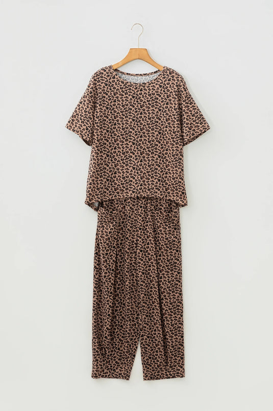 DLLS453 - Ladies Brown Leopard Loose Tee Drawstring Waist Barrel Pants Set