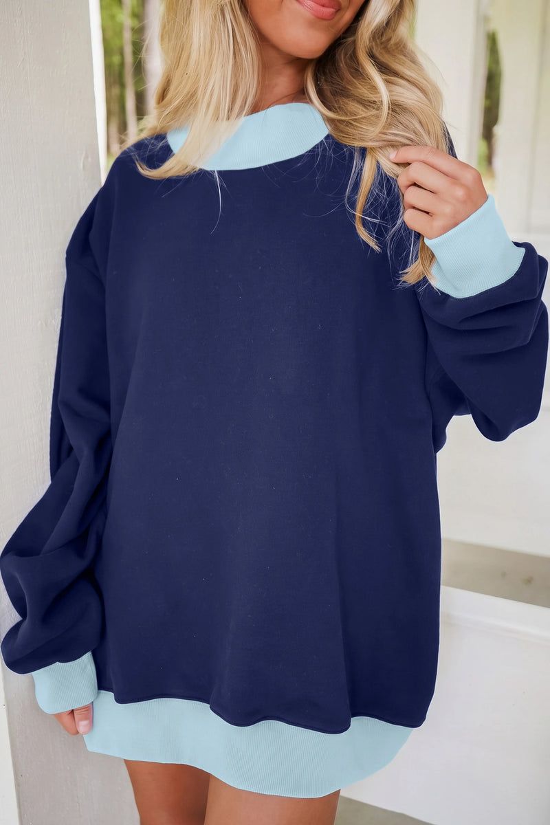 Load image into Gallery viewer, DLLS1052 - Ladies Dirty blue Colorblock Trim Crewneck Long Sleeve Pullover Sweatshirt
