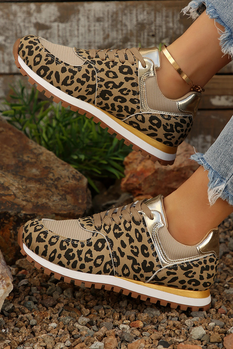 Load image into Gallery viewer, DLLSHOE 143 - Coffee Leopard Faux Suede Mixed Patchwork Lace Up Sneakers

