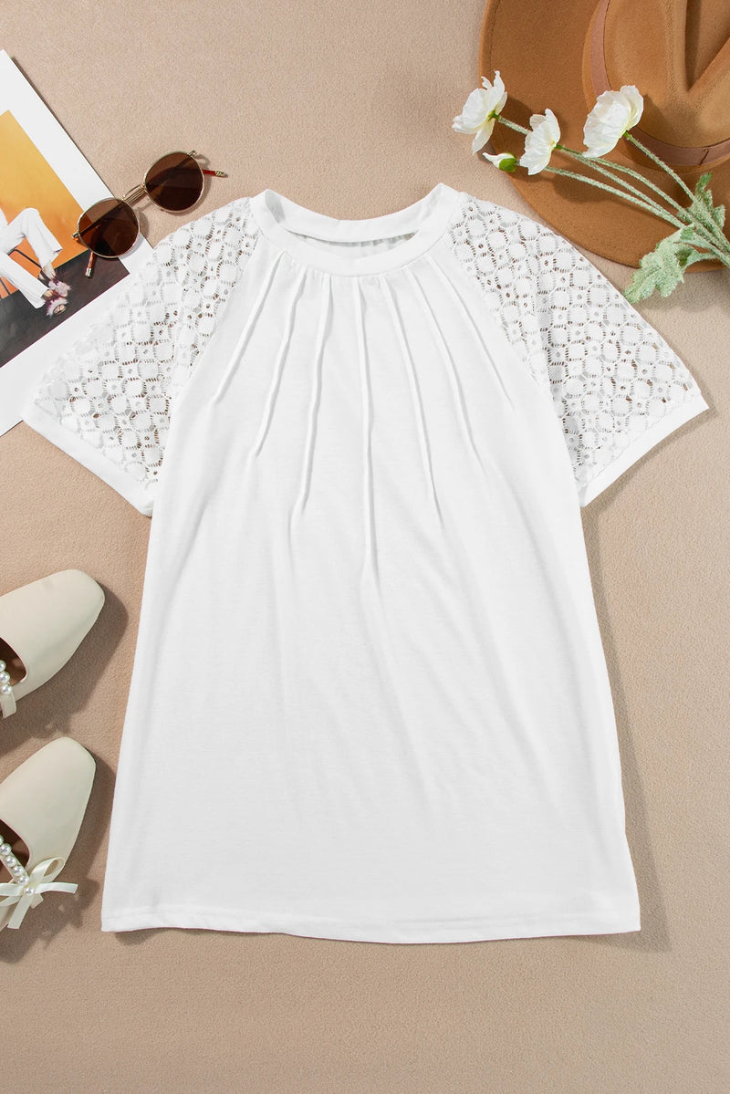 Load image into Gallery viewer, DLLS502 - Ladies White Seamed Detail Contrast Lace Raglan Sleeve Tee
