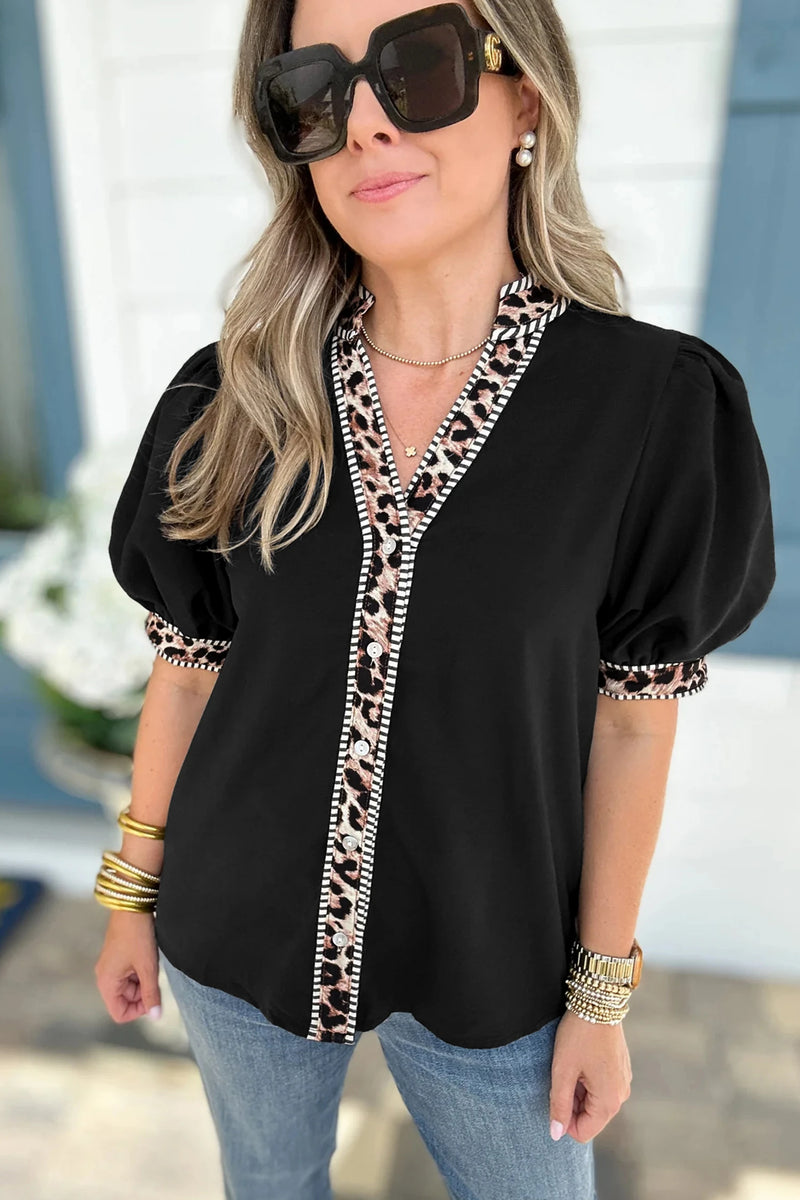 Load image into Gallery viewer, DLLS461 - Ladies Black V Neck Short Puff Sleeve Leopard Trim Button Down Shirt
