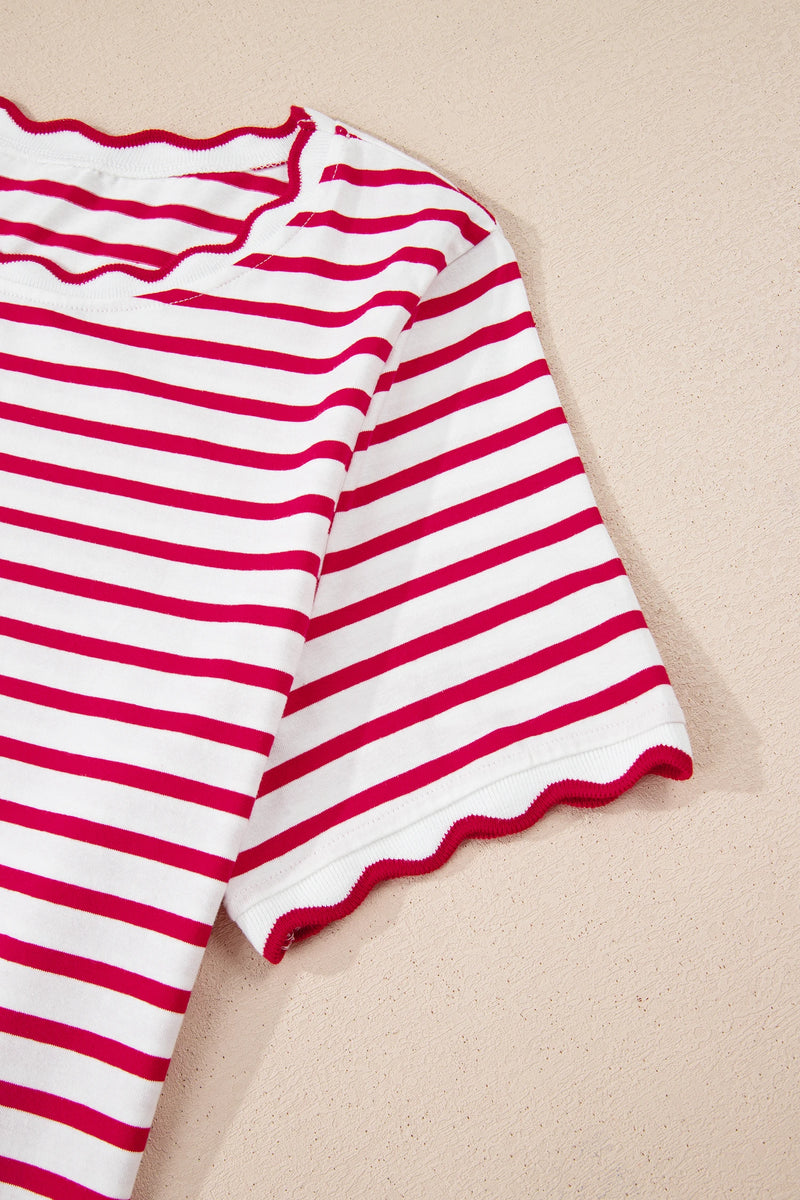 Load image into Gallery viewer, DLLS349 - Ladies Red Stripe Scalloped Trim Round Neck T Shirt
