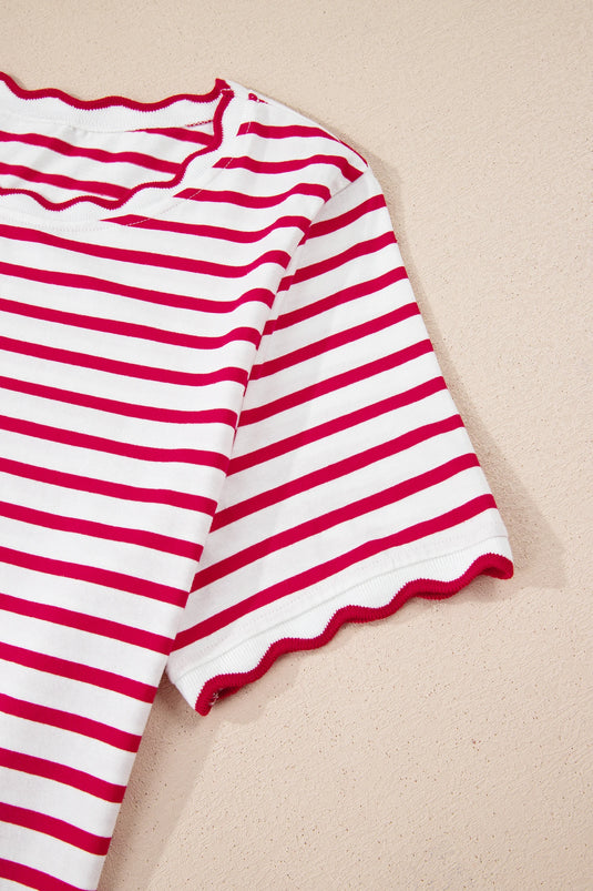 DLLS349 - Ladies Red Stripe Scalloped Trim Round Neck T Shirt
