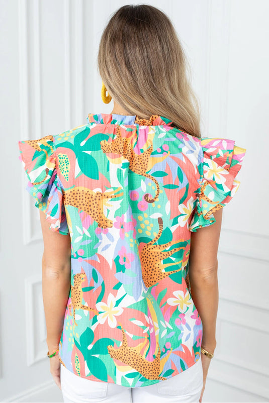 DLLS563 - Ladies Green Frilly Ruffle Tie Split Neck Summer Floral Blouse