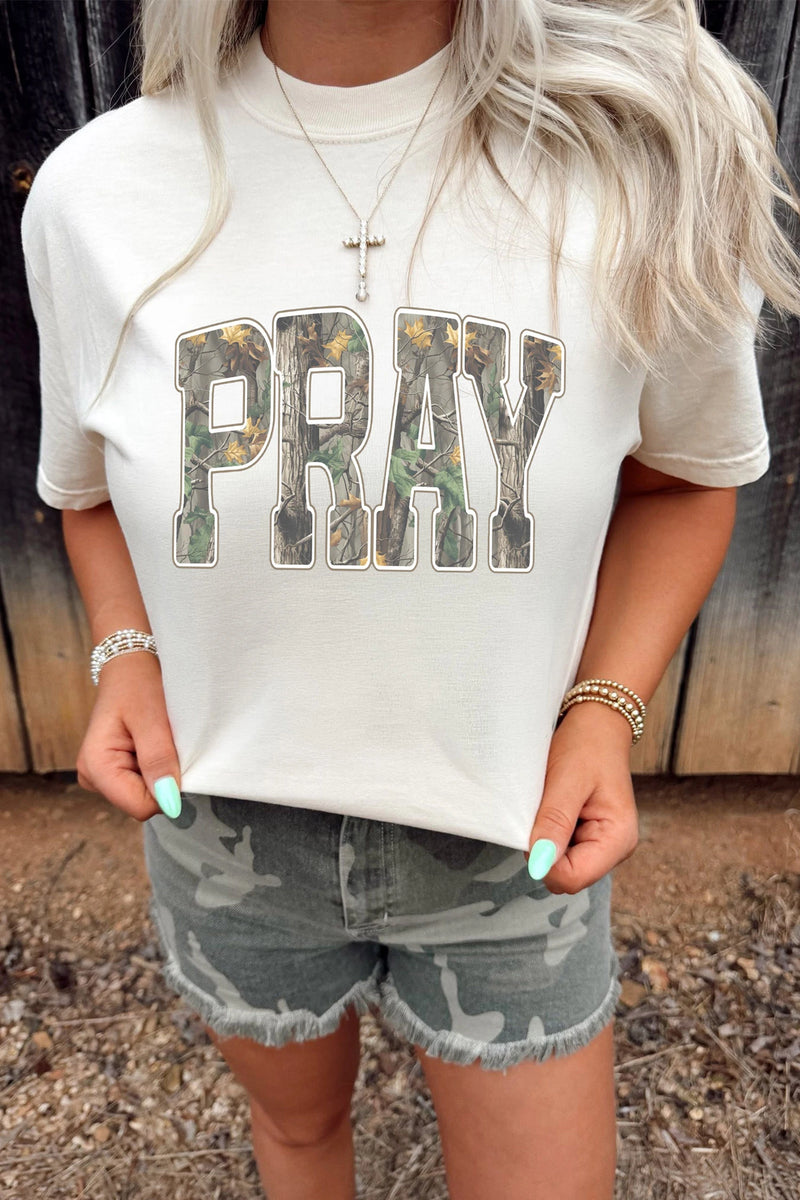 Load image into Gallery viewer, DLLS792 - Ladies White PRAY Camo Letter Print Casual Round Neck T Shirt

