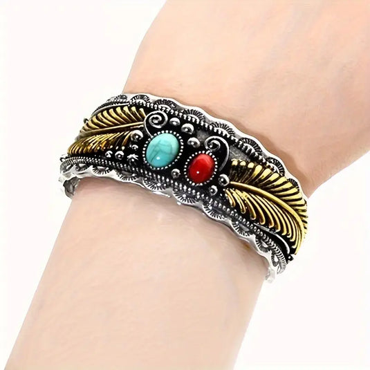 TMBC33 - Open Bracelet w/Stones & Gold Leaves