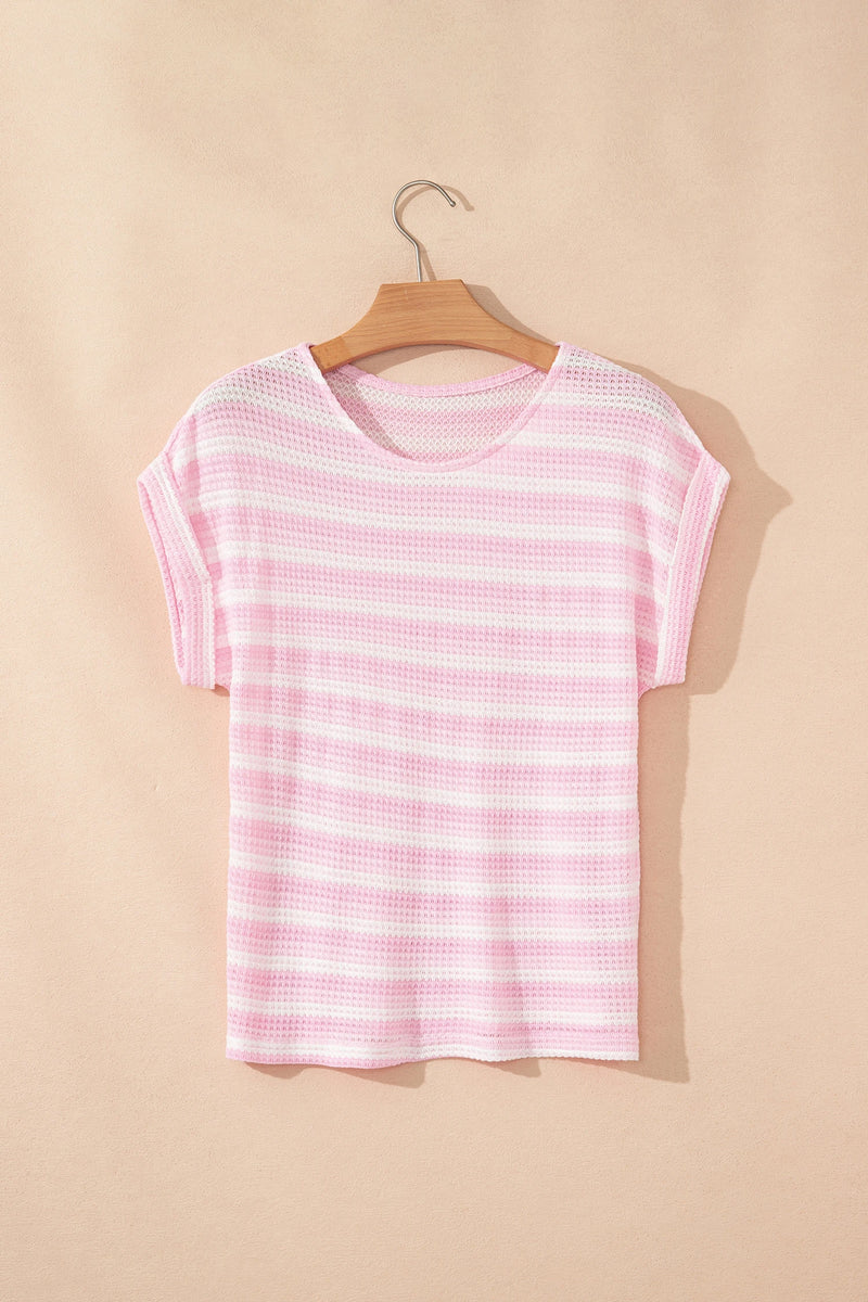Load image into Gallery viewer, DLLS616 - Ladies Pink Striped Print Waffle Knit T Shirt

