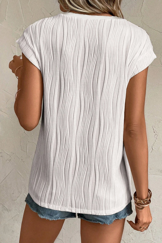 DLLS443 - Ladies White Wavy Textured Button V Neck Tee