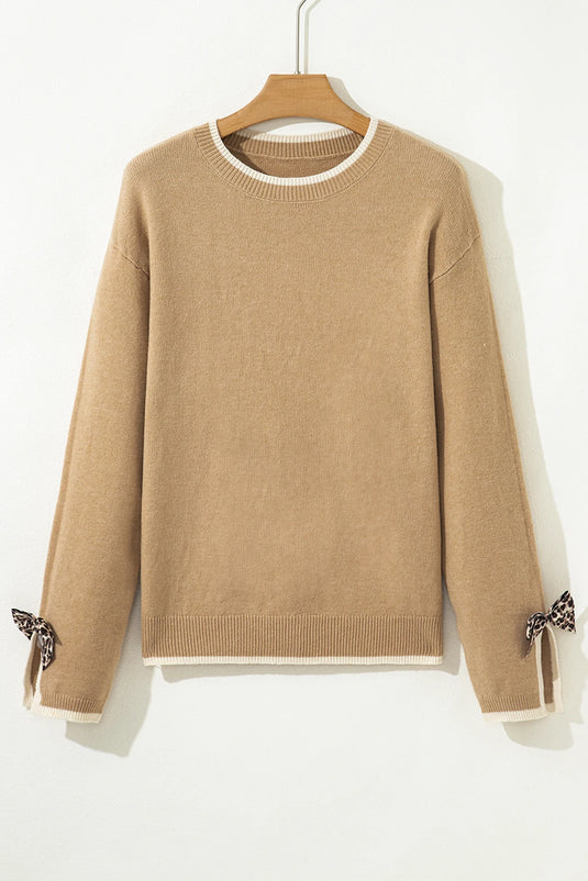DLLS398 - Ladies Tan Leopard Bow Decor Split Cuff Contrast Trim Sweater