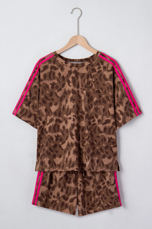 DLLS598 - Ladies Brown Contrast Striped Accent Leopard Short Set