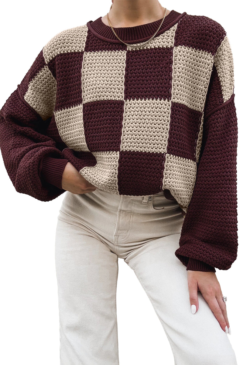 Load image into Gallery viewer, DLLS1091 - Ladies Brown Checkered Pattern Knit Loose Pullover Sweater
