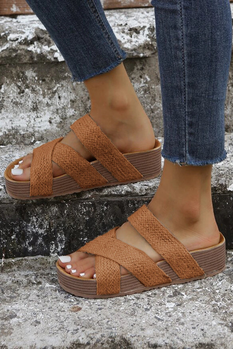 Load image into Gallery viewer, DLLSHOE 126 - Brown Woven Cross Criss Hollowed Slip-On Slippers

