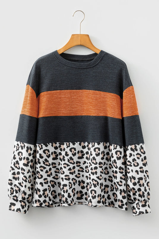DLLS315 - Ladies Black Color Block Leopard Patchwork Long Sleeve Casual Top